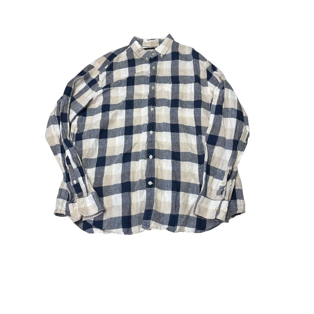 Banana Republic Mens XL Camden Fit 100% Linen Shirt Navy Tan Buffalo Check Plaid
